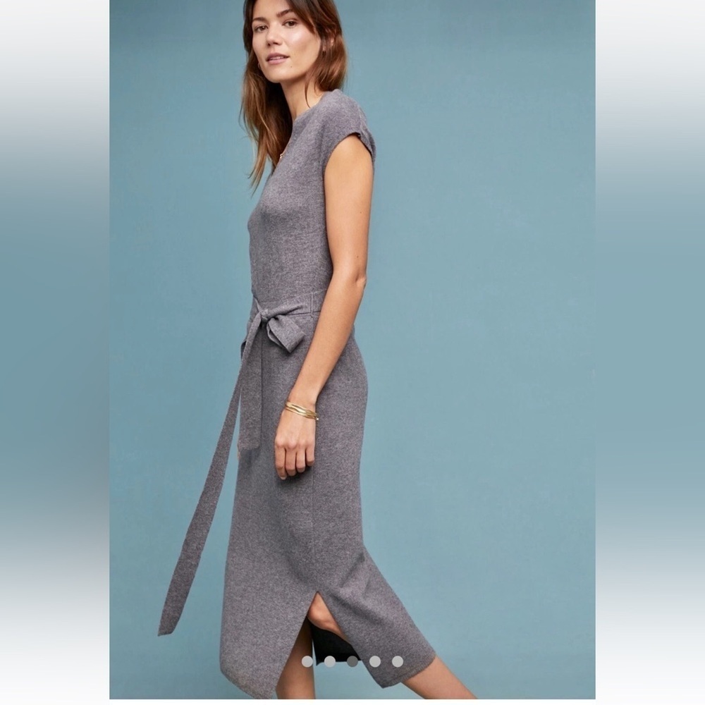 Anthropologie Matinee Midi Wool Belted Sweater Dress Gray - Picture 3 of 16